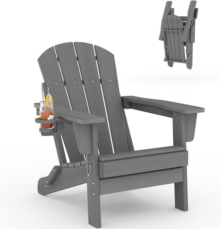Folding HDPE Adirondack Chair with Cup Holder, Wood-Grain Texture, All-Weather Outdoor Patio Seating for Decks, Gardens, Fire Pit
