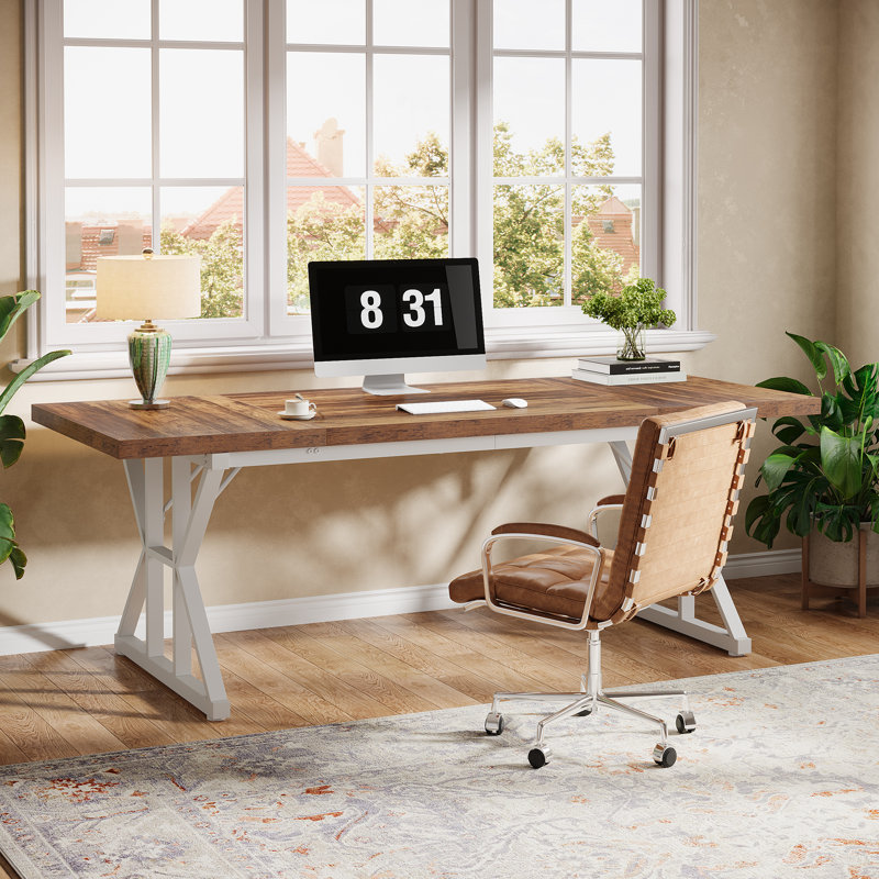 Metal Base Computer Desk, Brown/White, 29.52" H x 70.87" W x 31.49" D