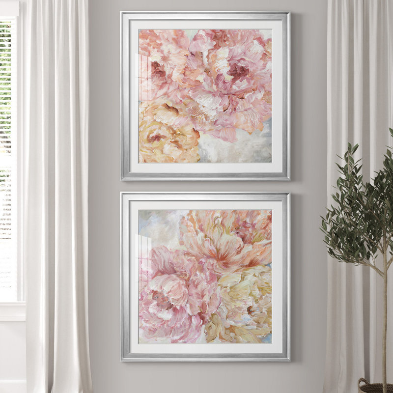 Contemporary Peony I - ensemble de 2 reproductions d'art sur toile, H 17,5 po x l 35 po, Argent argent
