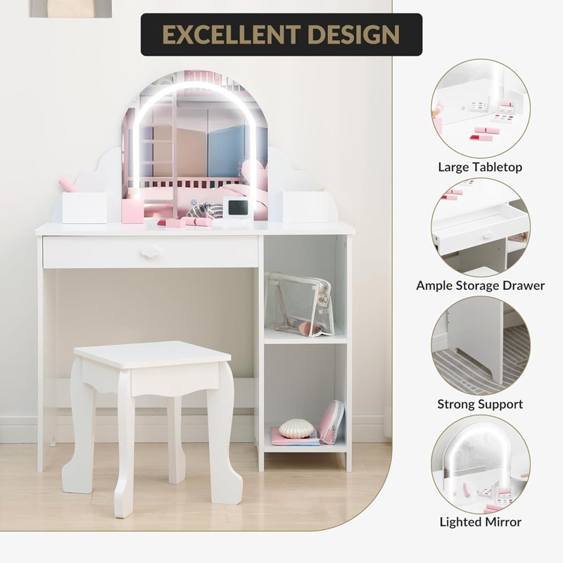 Lighted Mirror & Open Shelves Vanity Desk - Princess Makeup Table with Stool, Drawer & Pretend Toys, Wooden Dressing Table