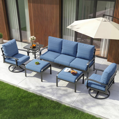 6 PCS Outdoor Metal Conversation Set With 360° Swivel Rocking Chairs, Sofa, &Ottoman For Patio, Garden, Deck Or Poolside