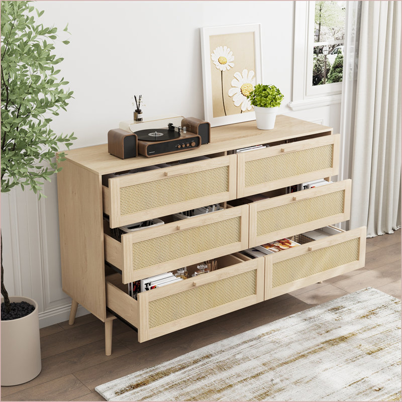 Commode 6 tiroirs Boho Modern Anti-basculement | L 39,3 po | Bois naturel | Bois aggloméré