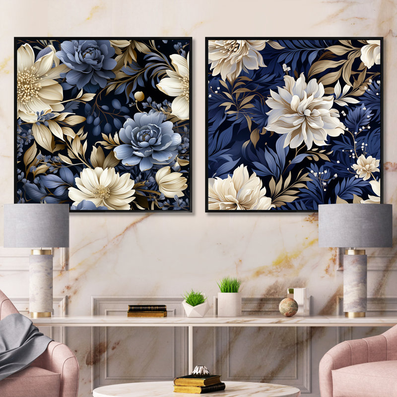 Vasbinder - Ensemble de 2 collages carrés floraux, Cadre flottant noir, H 16 po x l 33 po