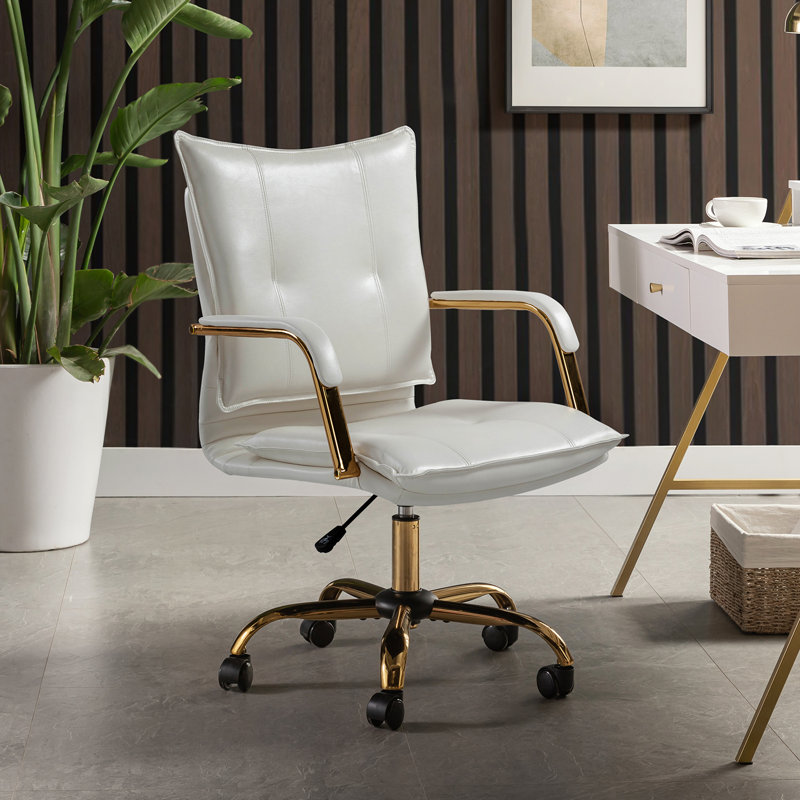 Gedrie Modern Faux Leather Swivel Office Chair, Brown, Gold
