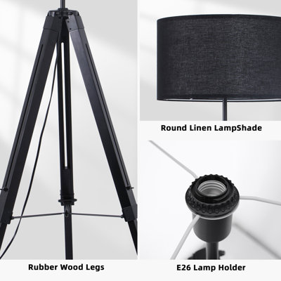 Lampe trépied 58 po à 1 lumière avec structure en bois massif et abat-jour tambour en tissu
