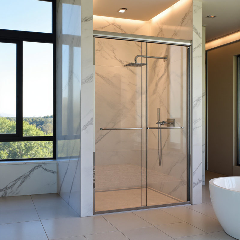 Porte de douche coulissante double semi-sans cadre H 44 po à l 72 po x H 72 po, porte de douche à dérivation, porte en verre trempé Sgcc de 1/4 po (6 mm) d'épaisseur, chrome