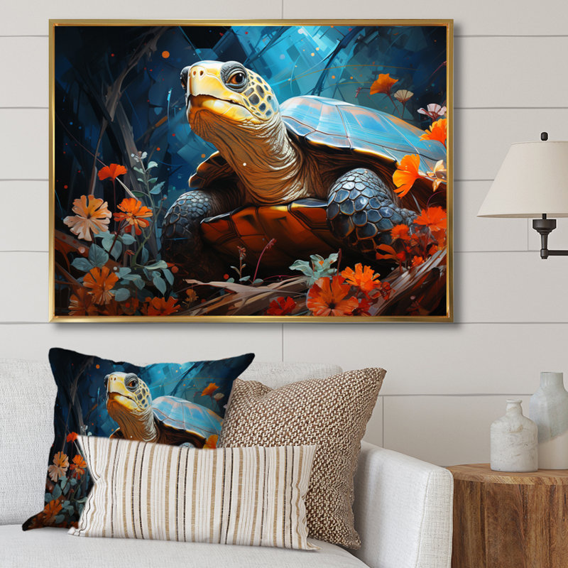 «Turtles Journey», collage floral sur toile, H 30 po x l 40 po x P 1,5 po, Cadre flottant doré