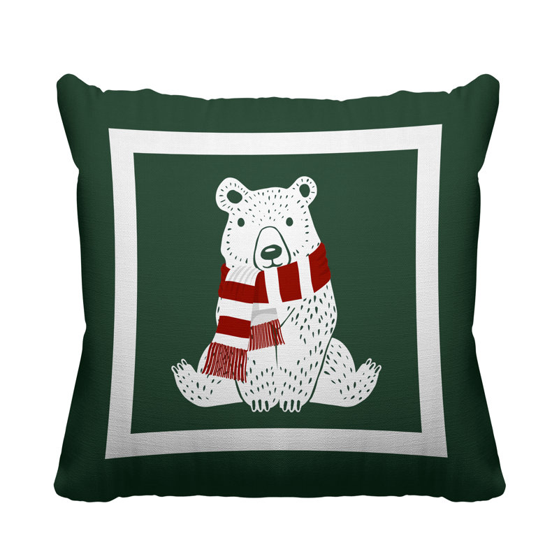 Coussin intérieur / extérieur Folk Christmas Bear, L 15 po x H 15 po, Sauge