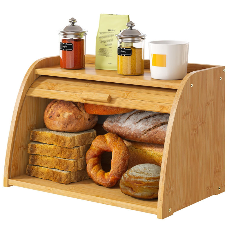 Bread Box For Kitchen Countertop, Large Bamboo Wood Bread Box, Wooden Corner Bread Storage Capacity