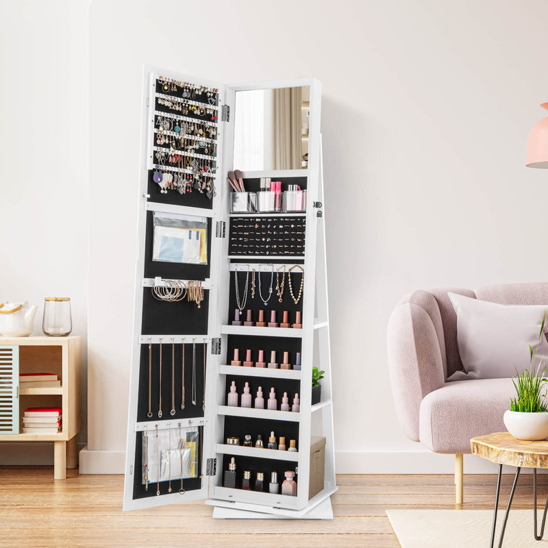 Armoire à bijoux pivotante 360 ° avec miroir pleine grandeur, Blanc
