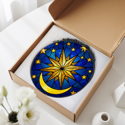12"H Star Moon Stained Glass Window Panel
