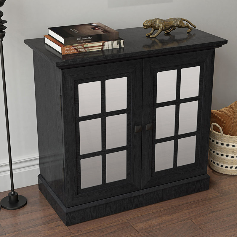 Buffet de rangement polyvalent avec 2 portes décoratives en miroir en acrylique, Noir