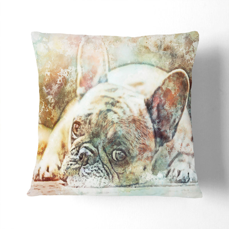 Fawn French Bulldog Dog in Abstract Cushion with Filling, White, 55cm H x 55cm W x 20cm D