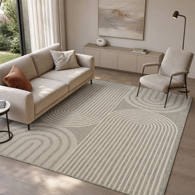 Tapis intérieur/extérieur géométrique gris/blanc résistant aux UV, Gris / Blanc, Rectangle 4 pi x 6 pi