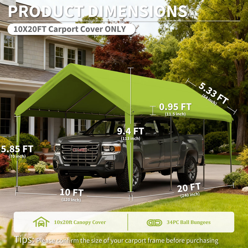 Housse de remplacement pour abri d'auto 10 'X 20', imperméable et protégé contre les rayons UV avec des cordes élastiques