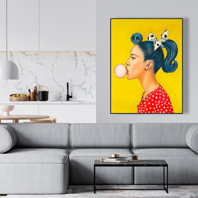 Retro Woman with Beautiful Ponytail - Blue Framed Canvas Decor