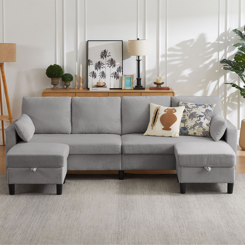 100.79" Corduroy Large U Shaped Sofa With 2 Storage Ottomans, LIght Gray Corduroy