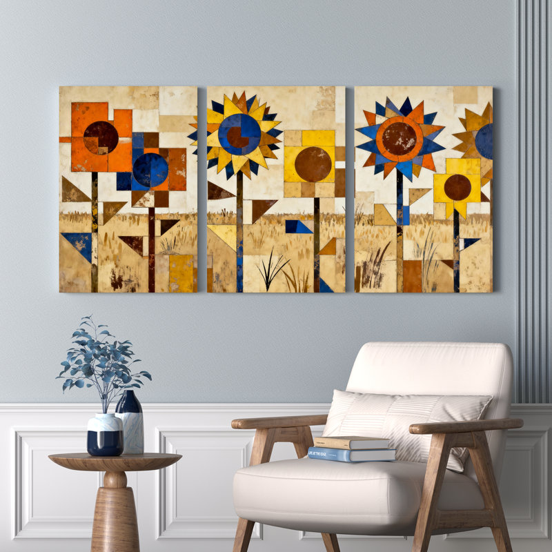 Tableau sur toile à motif de tournesol abstrait (lot de 3), H 24 po x l 48 po