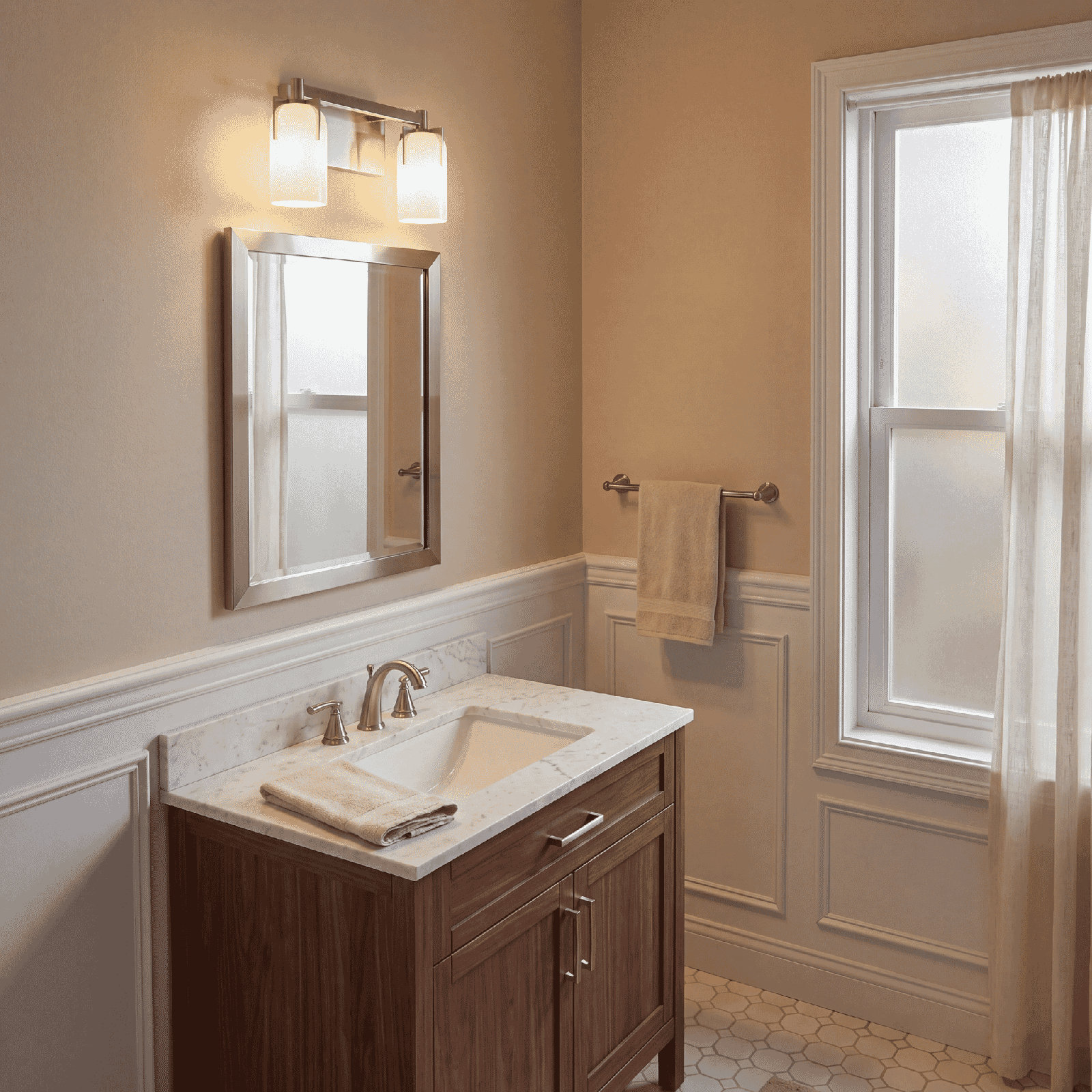 Irela Bath Sconce, Satin Nickel, 2 Lights, 8.5" H x 14.75" W x 14.75" D
