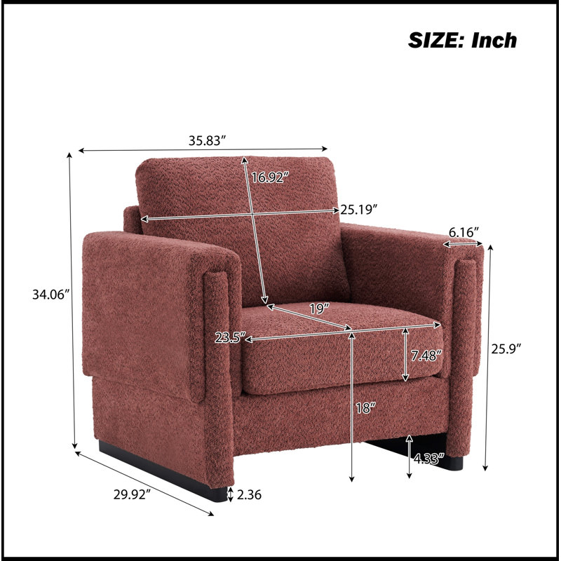 Fauteuil d'appoint rembourré avec accoudoirs en bois et coussin épais, Red