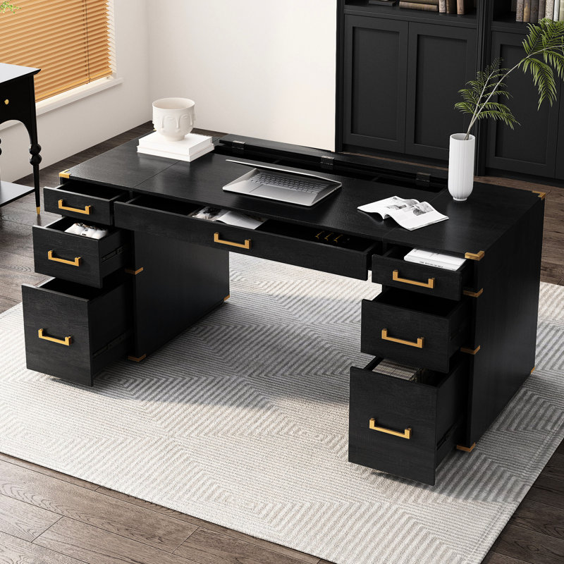 Bureau classique 70 po avec bordure en métal, 7 tiroirs, bord de prises de courant, 2 classeurs, 5 tiroirs supérieurs pour le bureau personnel