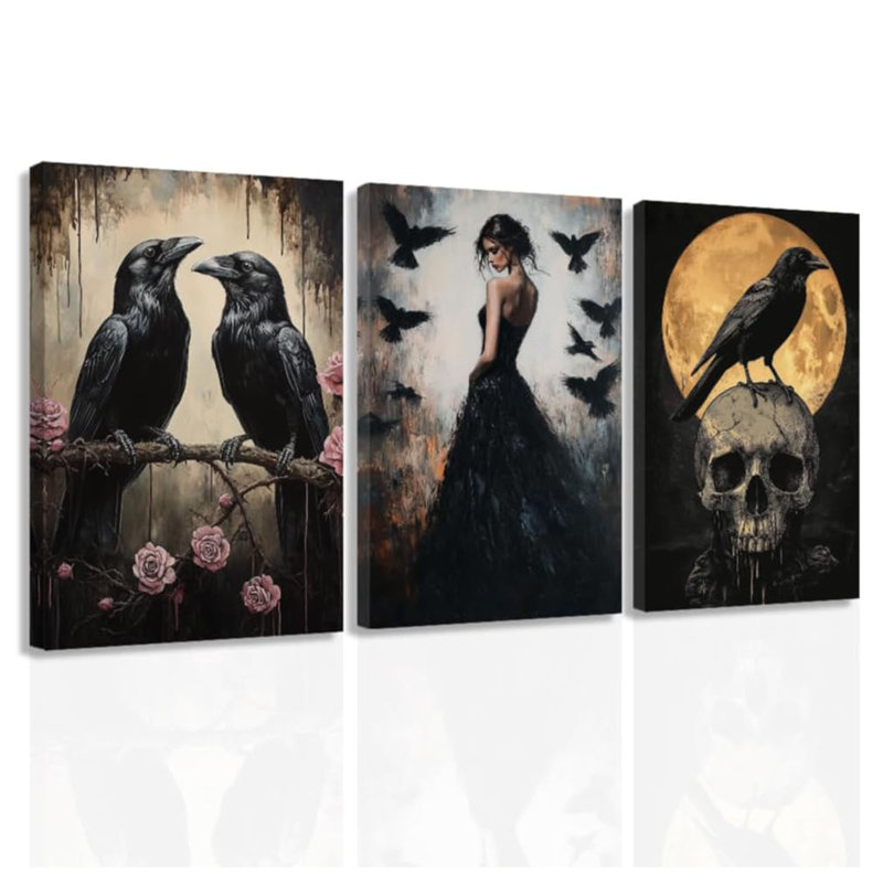 3 pièces d'art mural en toile gothique noir crâne de corbeau, ensemble de photos de crânes, halloween foncé, décoration murale encadrée (12 po x 16 po x 3 po)