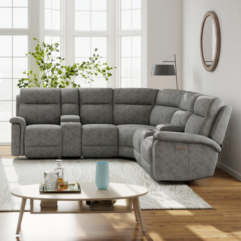 Canapé modulaire inclinable électrique 7 pièces avec support lombaire et appui-tête réglables, Mélange de polyester gris