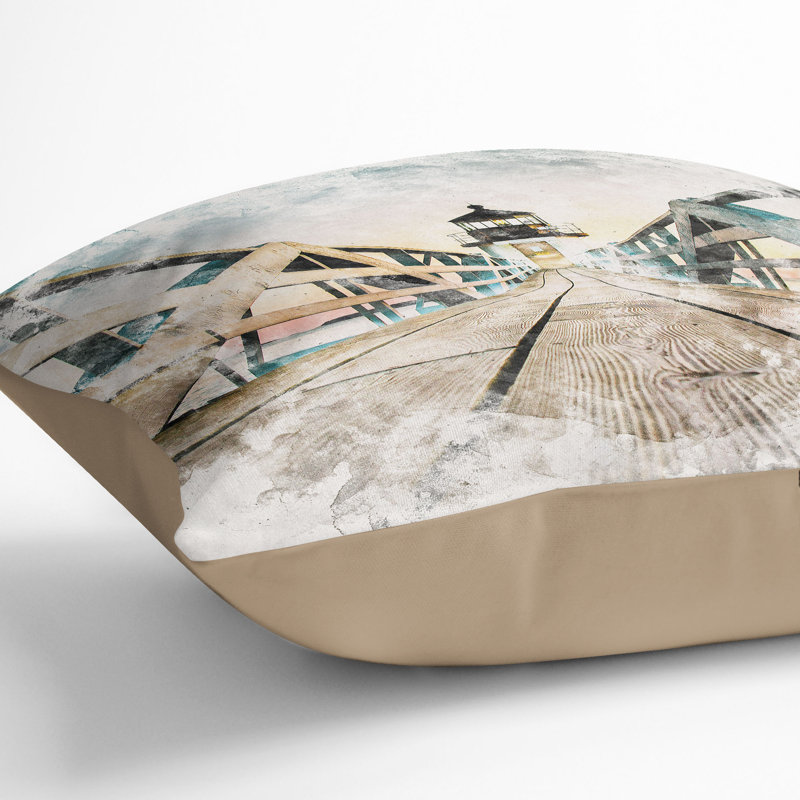 Lighthouse at the Piers End Watercolour Cushion with Filling, 55cm H x 55cm W x 20cm D, Stone