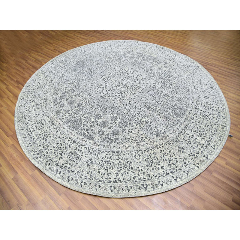 Tapis rond blanc en laine biologique noué à la main 10 pi 0 po x 10 pi 1 po Dynasty Mamluk