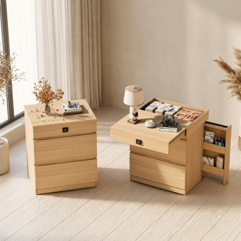 Table de chevet à empreinte digitale avec compartiment caché, table de chevet à 3 tiroirs en bois avec rangement latéral, table de bout moderne pour le salon de la chambre à coucher, armoire à bijoux en bois naturel