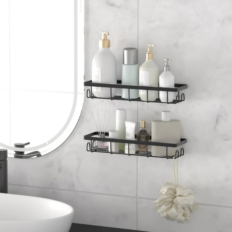 Ensemble de 2 paniers de douche adhésifs avec crochets - Organisateur de salle de bain en métal noir sans perceuse