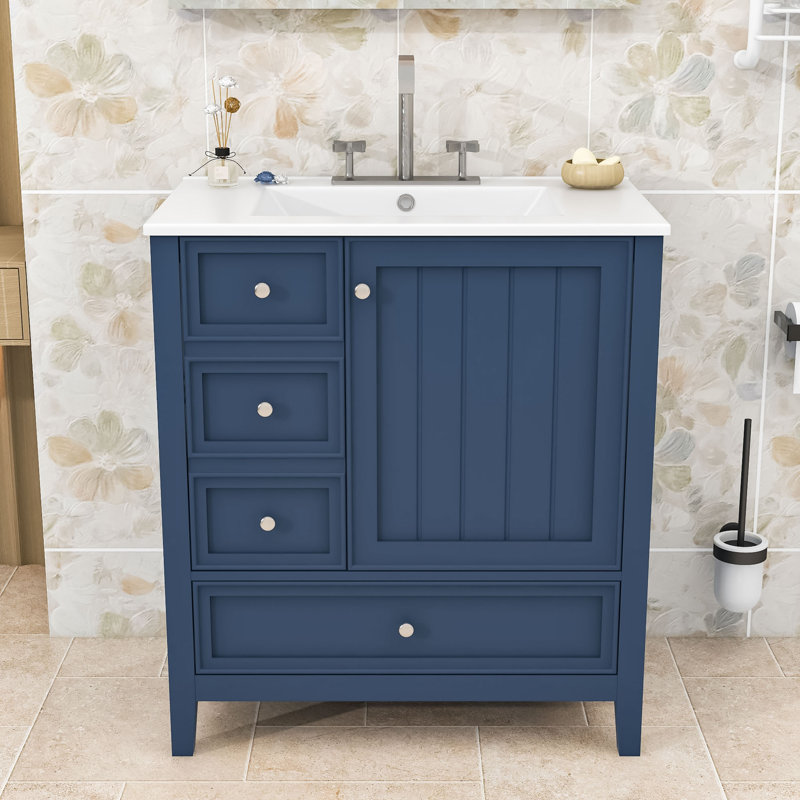 Meuble-lavabo 30 po avec lavabo en céramique, 3 tiroirs et armoire de rangement, Blue