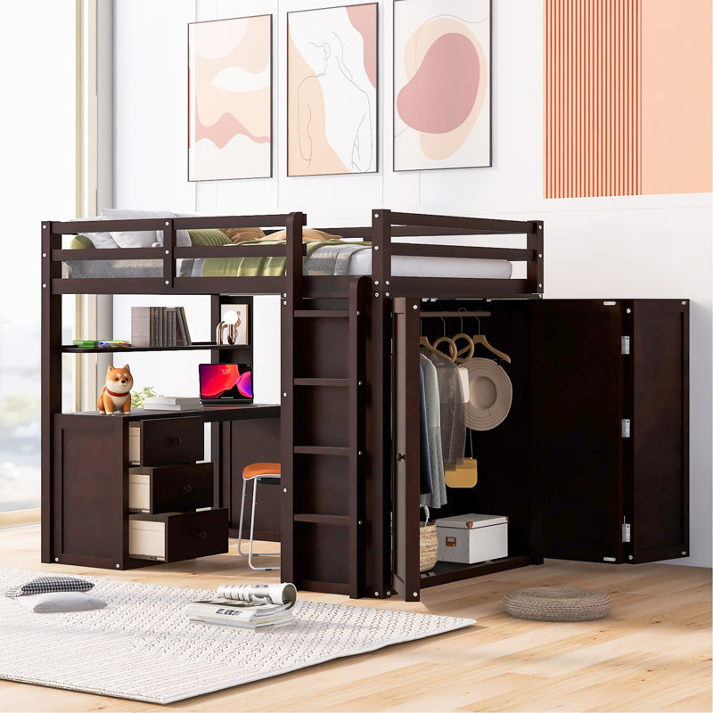 Lit mezzanine avec tiroirs, bureau et garde-robe, Double, Espresso