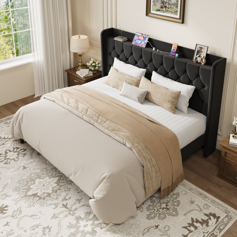 Modern Tufted Upholstered Bed In Velvet Or Linen With Charging Station & Headboard Shelf, High Clearance Under Bed Storage