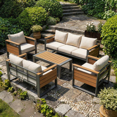 Aluminum Patio Furniture Set, 7-Person Outdoor Sectional Sofa With Coffee Table, Patio Conversation Sets With Thick Cushion & Wide Armrest For Yard, Deck