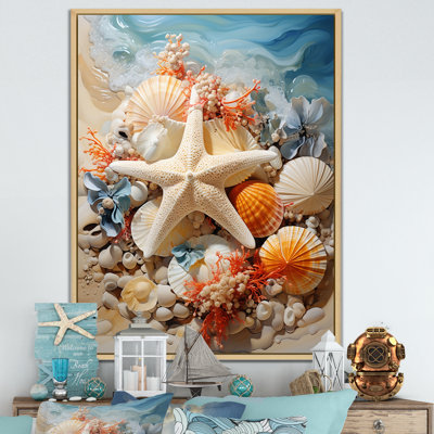 «Orange Starfish Sands I» - art mural bord de mer tropical