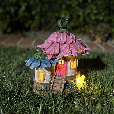 Exhart Solar Daisy Petal Roof Fairy House Garden Statue, 9.5 X 7.5 X 10 Inches