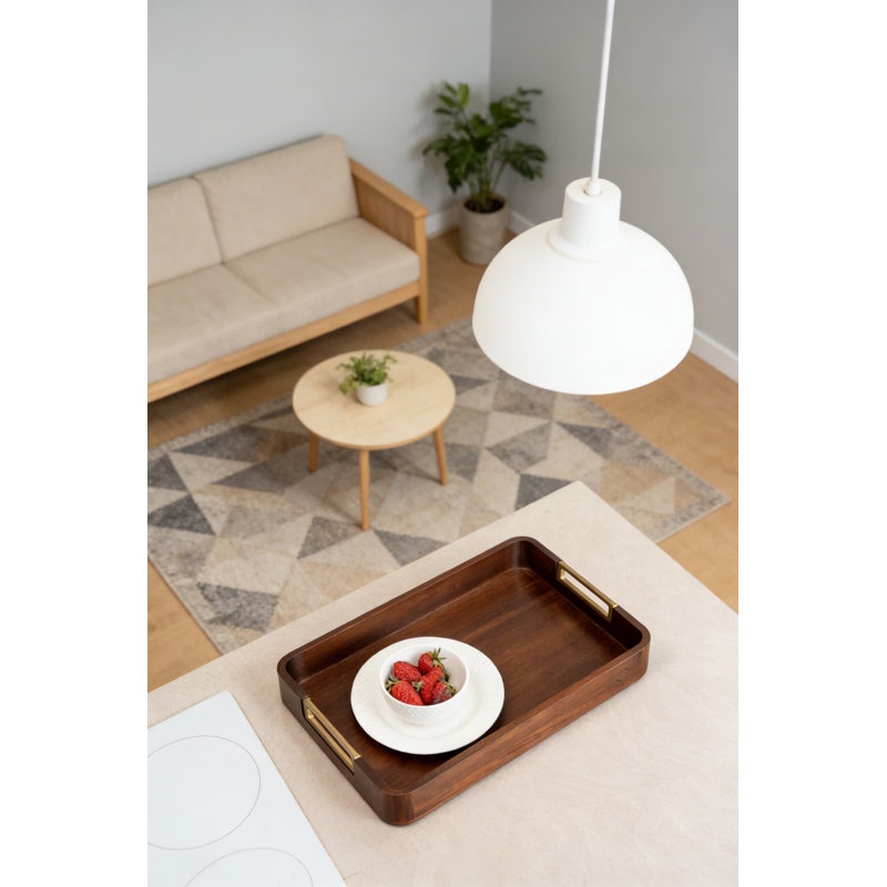 Plateau de service en bois d'acacia avec poignées en aluminium - Grand plateau de table basse avec repose-pieds pour collations, boissons, charcuterie, décoration rustique et service de réception