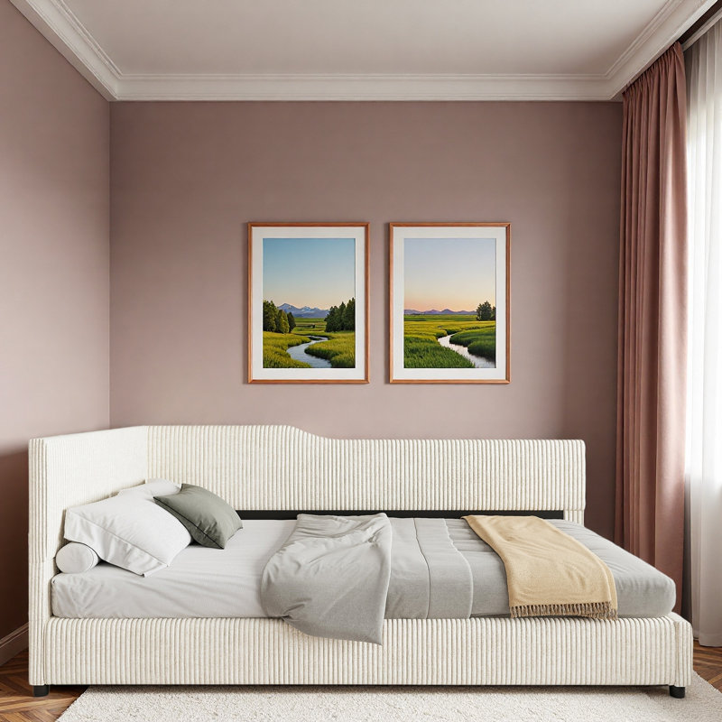Lit de jour en L en velours côtelé avec cadre solide et décoration rayée, Beige
