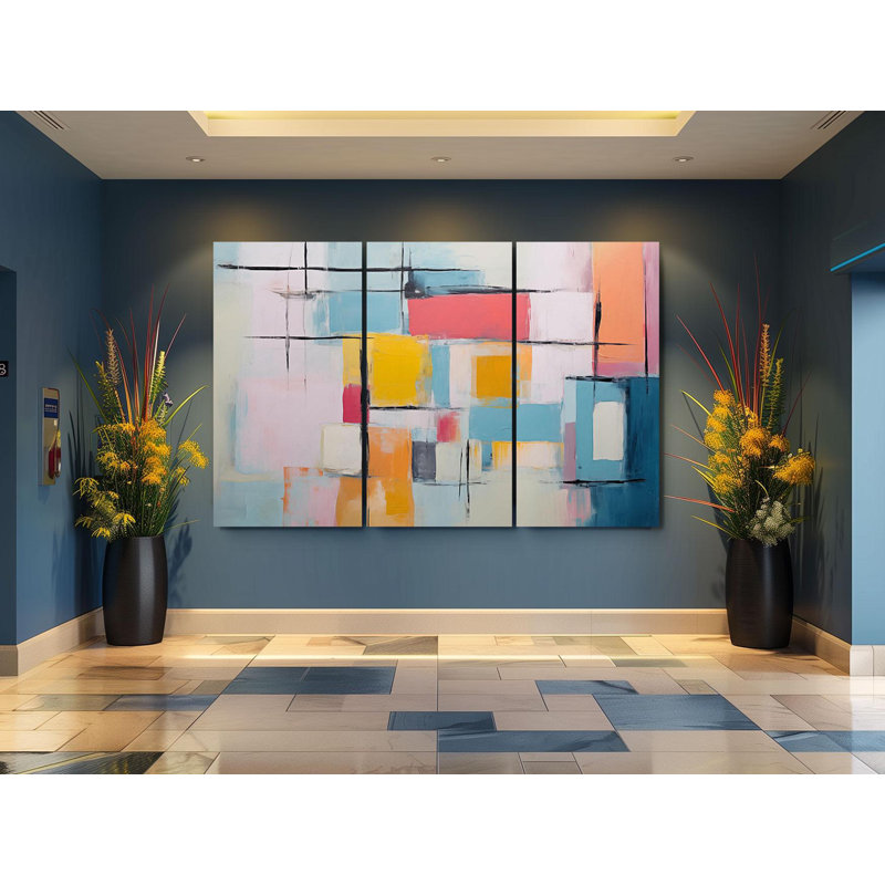 Reproduction d'art abstrait triptyque sur toile, peinture à 3 panneaux géométriques modernes, décor Mid-Century coloré, grande œuvre de bureau minimaliste États-Unis, reproduction de peinture