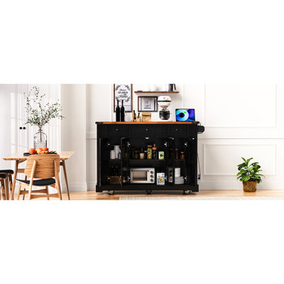 Îlot de cuisine de 53 po avec deux portes en verre trempé, 5 côtés ouverts, 3 tiroirs, abattant avec chariot à roulettes et bloc d'alimentation, abri de rangement noir pour salle à manger, espace