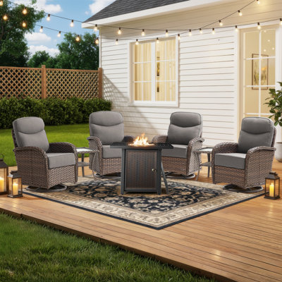 Totnes 4-Person Wicker Patio Square Metal Fire Pit Table Conversation Set With Swivel Gliders And Side Tables
