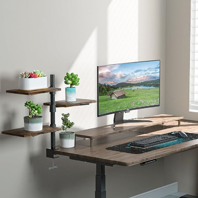 3 Tier Clamp On Desk Shelf - Over Or Under Table Clamp Shelf,360° Rotatable Desk Storage For Home Office, Gaming Devices,Storage Tray,And More, Rustic Vintage Brown Desktop Shelves