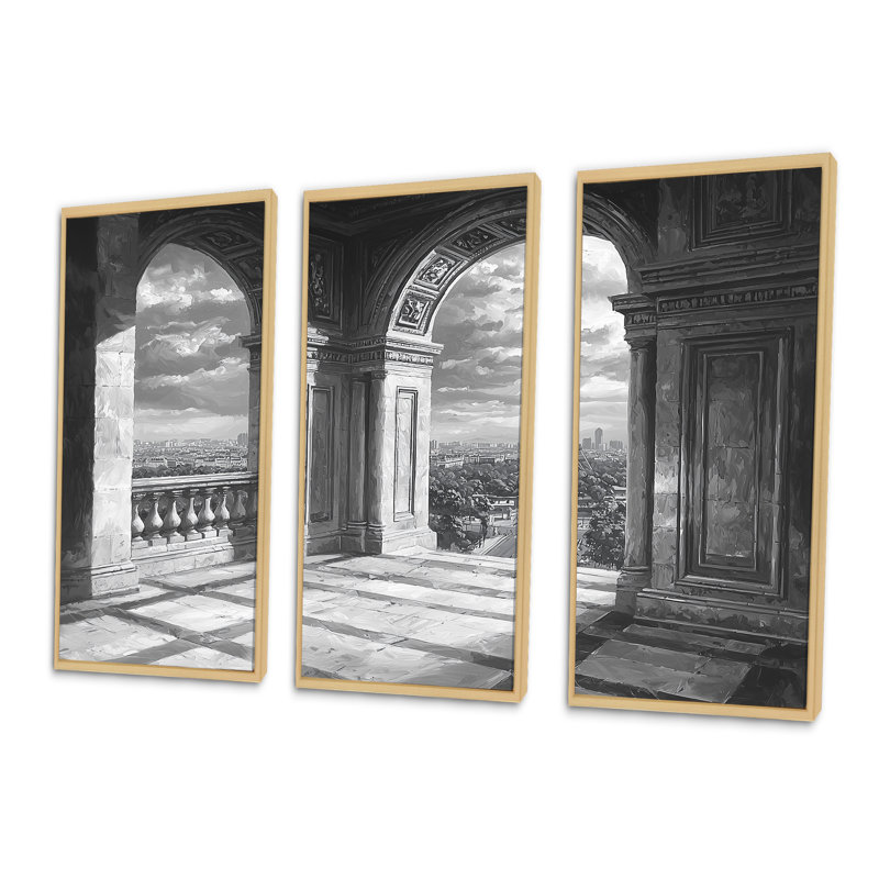 Ensemble de salon art mural gris Paris Paris Arc de Triomphe I, Toile naturelle avec cadre flottant