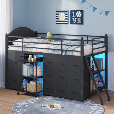Twin Size Low Loft Bed with 11 Storage Drawers, RGB LED Lights, Metal Kids Loft Bed Frame with Rolling Shelf and Bookshelf