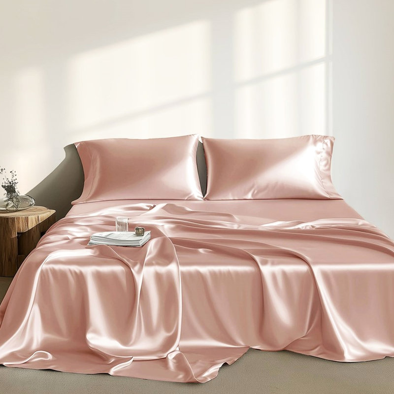 Drap simple de luxe 100% satin - 4 pièces, froissé, texture lisse, frisottis apprivoisé pendant que vous dormez, 1 drap plat, taies d'oreiller ajustées douces sur la peau, réduit la casse,
