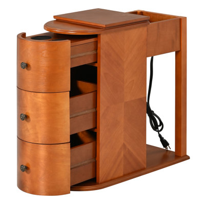 Modern End Table with Hidden Cup Holder Drawer, Charging Station & Pull-Out Side Table, Wooden Bedside Table with 2 Storage Drawers