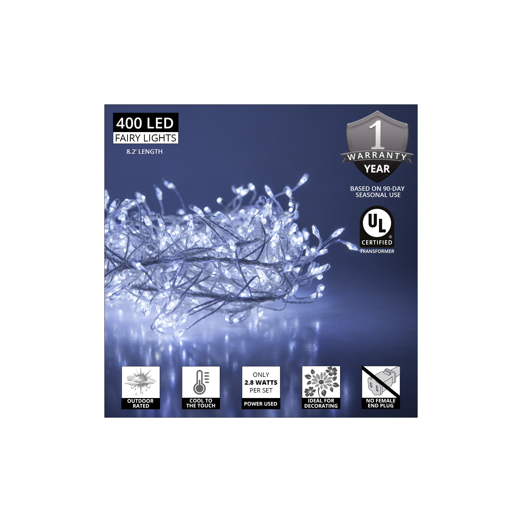 96'' LED String Lights, Cool White