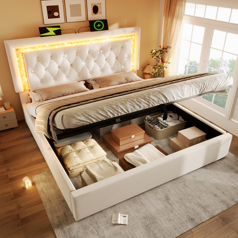 Metal Ottoman Storage Bed, Beige