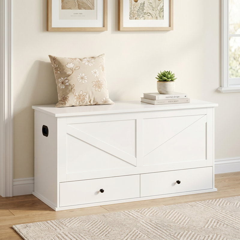 Banc de rangement Farmhouse avec 2 tiroirs en tissu, White